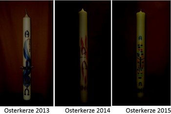 Ökumenische Osterkerze Die Collage zeigt drei Osterkerzen, die mit jeweils anderen Symbolen geschmückt sind